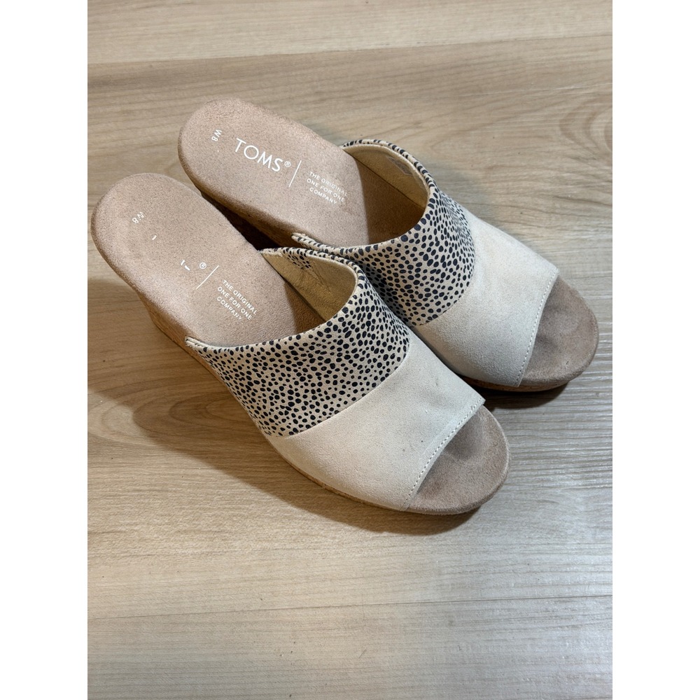 TOMS Wedge Sandals Beige W8 Womens Polka Dot Cork Heel Open Toe Slides